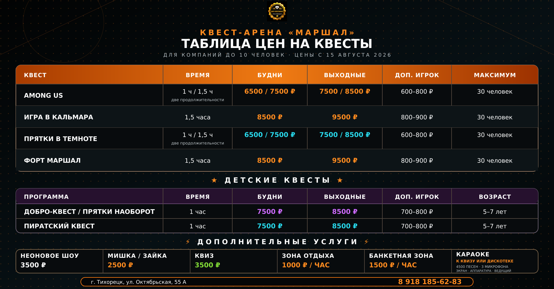 Таблица цен на квесты в Тихорецке